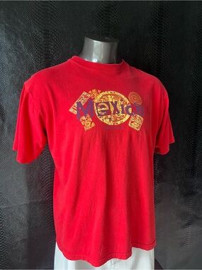 Vintage Carnival Cruise Mexico Red Tee Aztec Graphic Summer Souvenir Shirt 90s